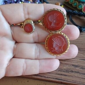 Vintage PRK Carved Carnelian Spartan Tie tac and Cufflinks, 12K gold filled